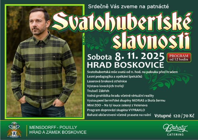 Tuto sobotu Vás srdečně zveme na 15. Svatohubertské slavnosti na Hradě Boskovice. 🏰💚 . Můžete se těšit na krásný program a...